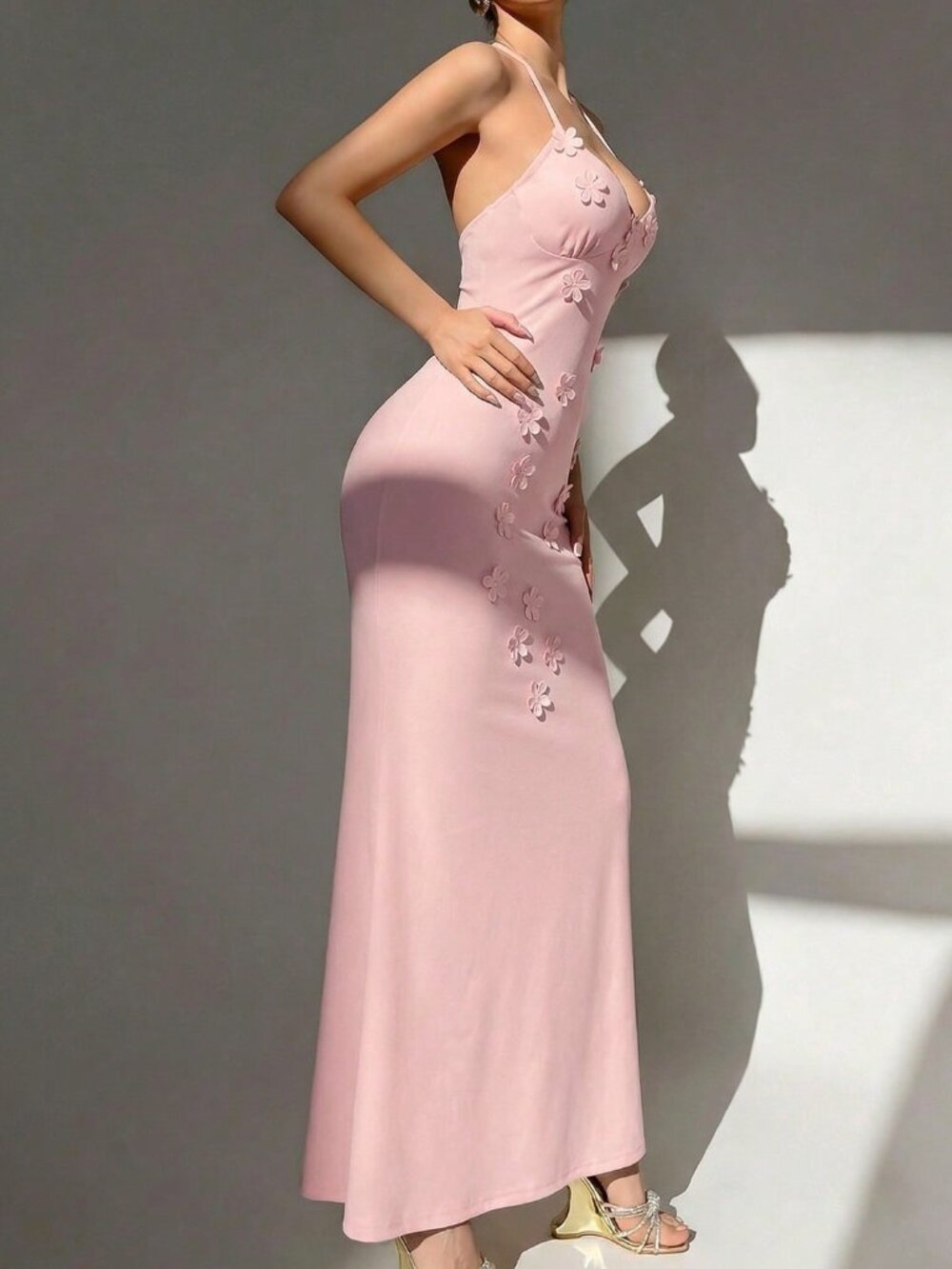 Baby Pink Y2K Mermaid Maxi Slip Dress Women's Sexy Micro Cup 3D Floral Dress - Picture 5 of 7